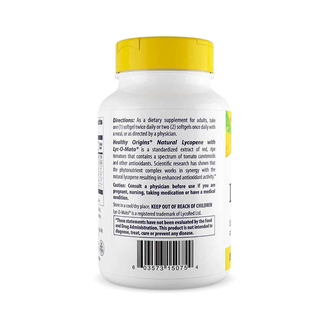 Die Rückseite einer Flasche Lyc-O-Mato 15 mg 180 Weichkapseln von Healthy Origins.