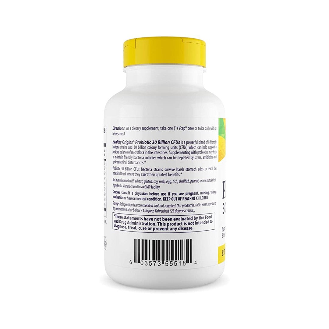 Eine Flasche Probiotic 30 Billion CFU 150 Veggie-Kapseln, die für ihre Vorteile für das Immunsystem bekannt sind, auf einem sauberen weißen Hintergrund. (Marke: Healthy Origins)