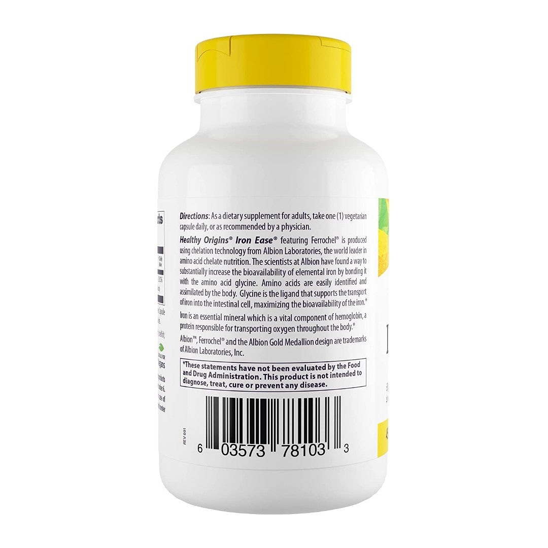 Eine Flasche Iron Ease 45 mg 180 Veggie-Kapseln von Healthy Origins auf einem weißen Hintergrund.