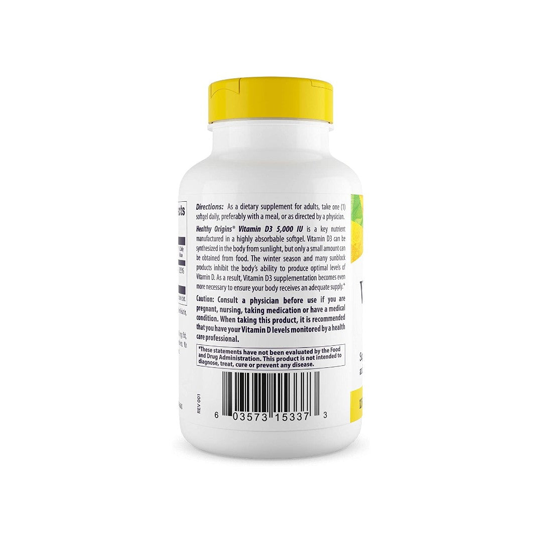 The back of a bottle of Healthy Origins Vitamin D3 5000 IU 360 capsules with information on the immune system.
