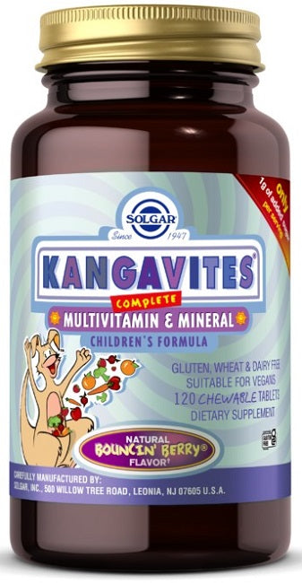 Eine Flasche Solgar's Kangavites Multivitamin & Mineral 120 Kautabletten - Bouncin' Berry Flavor.