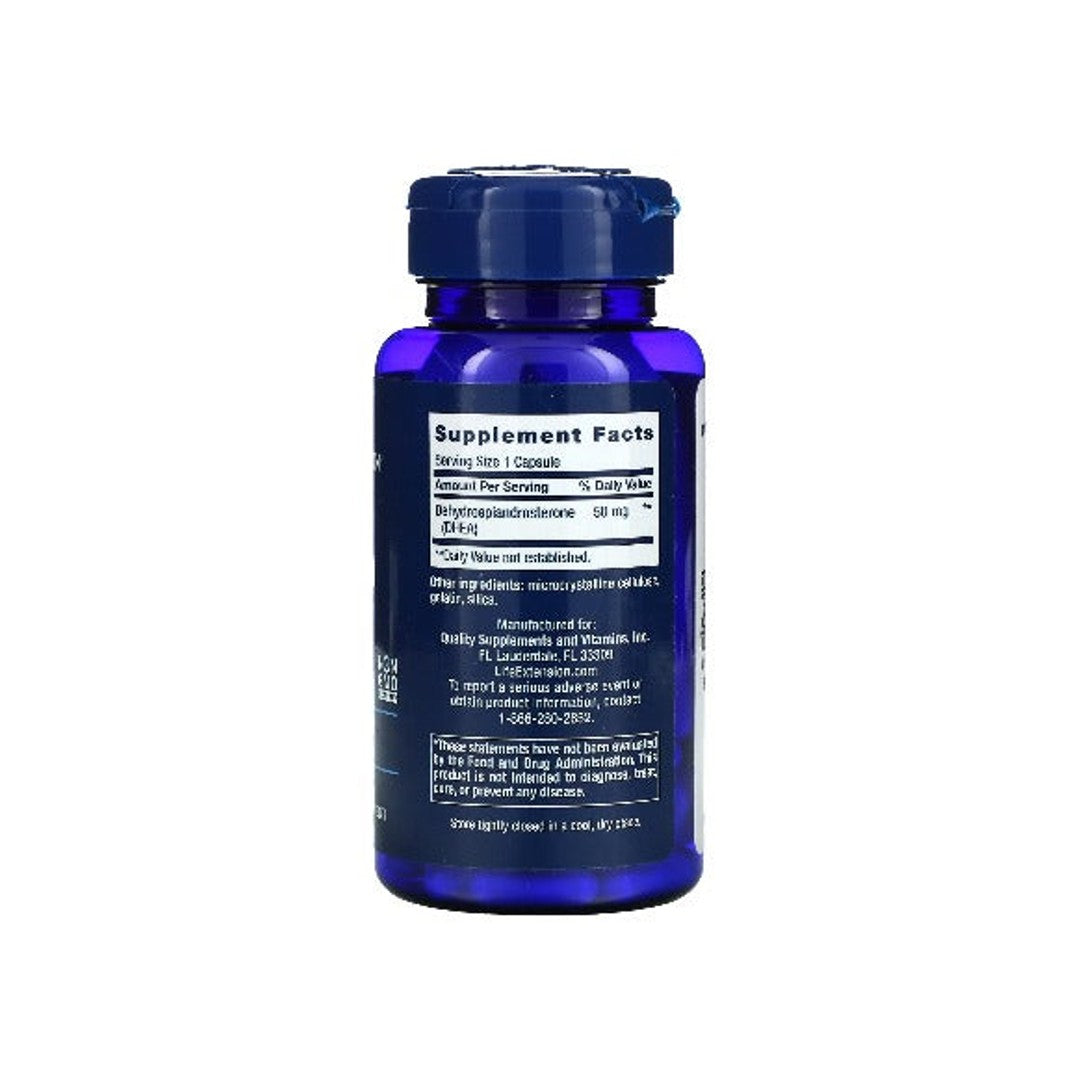 Die Rückseite einer blauen Flasche Life Extension's DHEA 50 mg 60 Kapseln Ergänzungsmittel.
