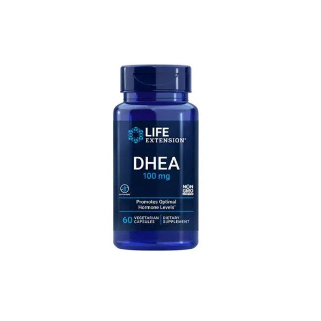 Eine Flasche Life Extension DHEA 100 mg 60 Veggie-Kapseln mit weißem Hintergrund.