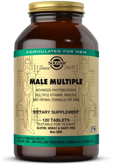 Eine Flasche Solgar Male Multiple Multivitamins & Minerals for Men 120 Tabletten.