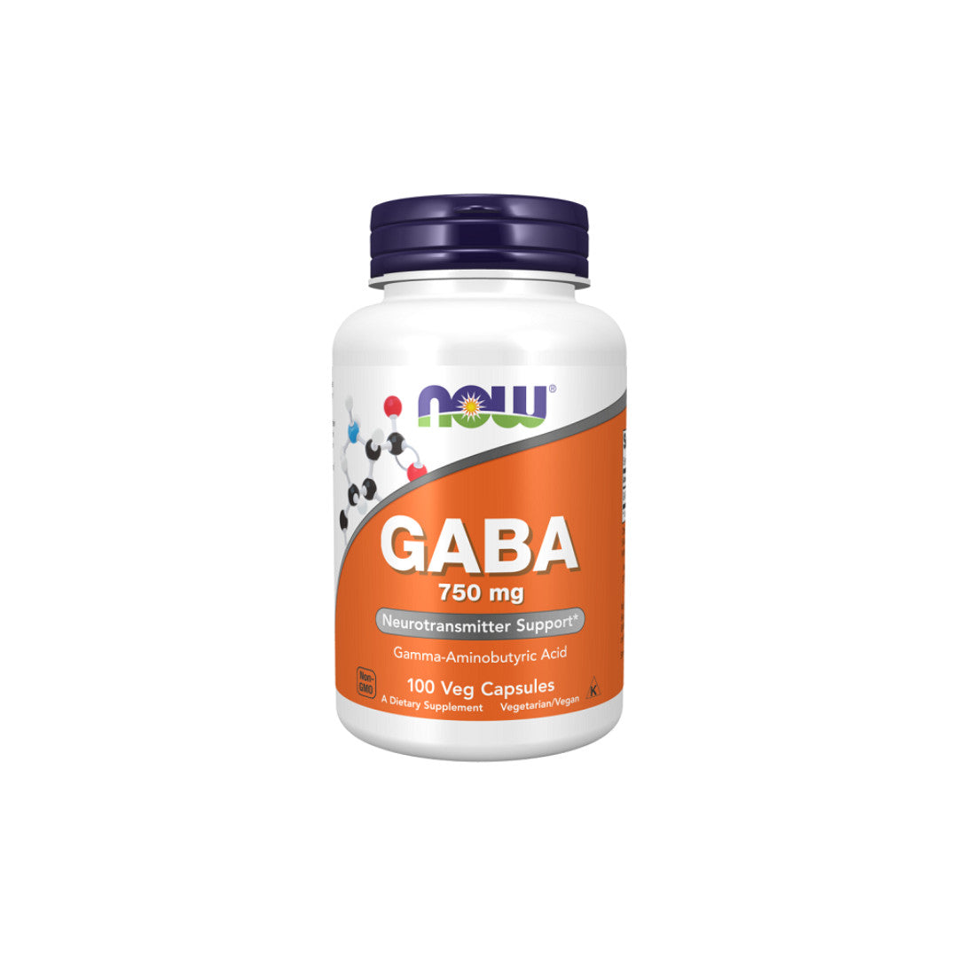 Eine Flasche Now Foods GABA 750 mg 100 pflanzliche Kapseln.