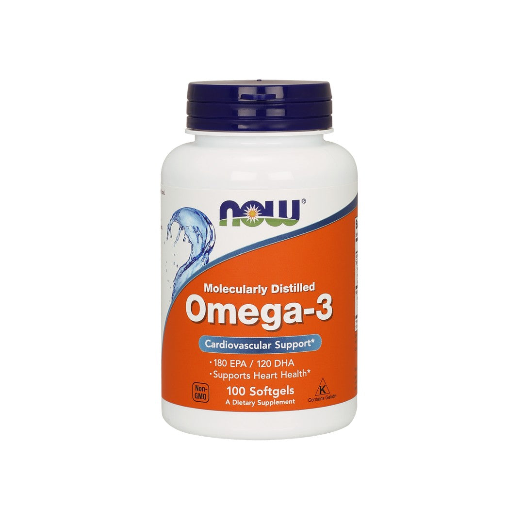 Now Foods Omega-3 180 EPA/120 DHA 100 Softgel, ein wirksames Fischölpräparat, das für seine Fähigkeit bekannt ist, die Herzgesundheit zu unterstützen und das Risiko von Herzerkrankungen zu verringern.