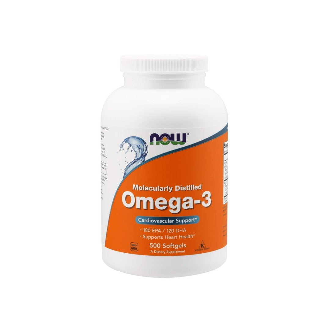 Now Foods Omega-3 180 EPA/120 DHA 500 softgel capsules promote heart health and support the circulatory system.