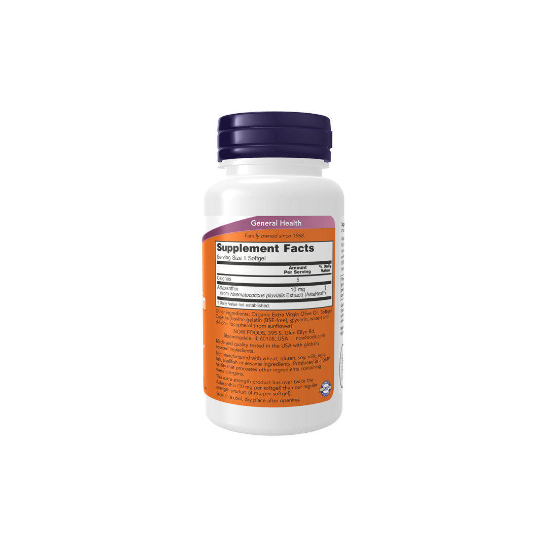 Eine Flasche Now Foods Astaxanthin, Extra Strength 10 mg 60 Softgel auf einem weißen Hintergrund.