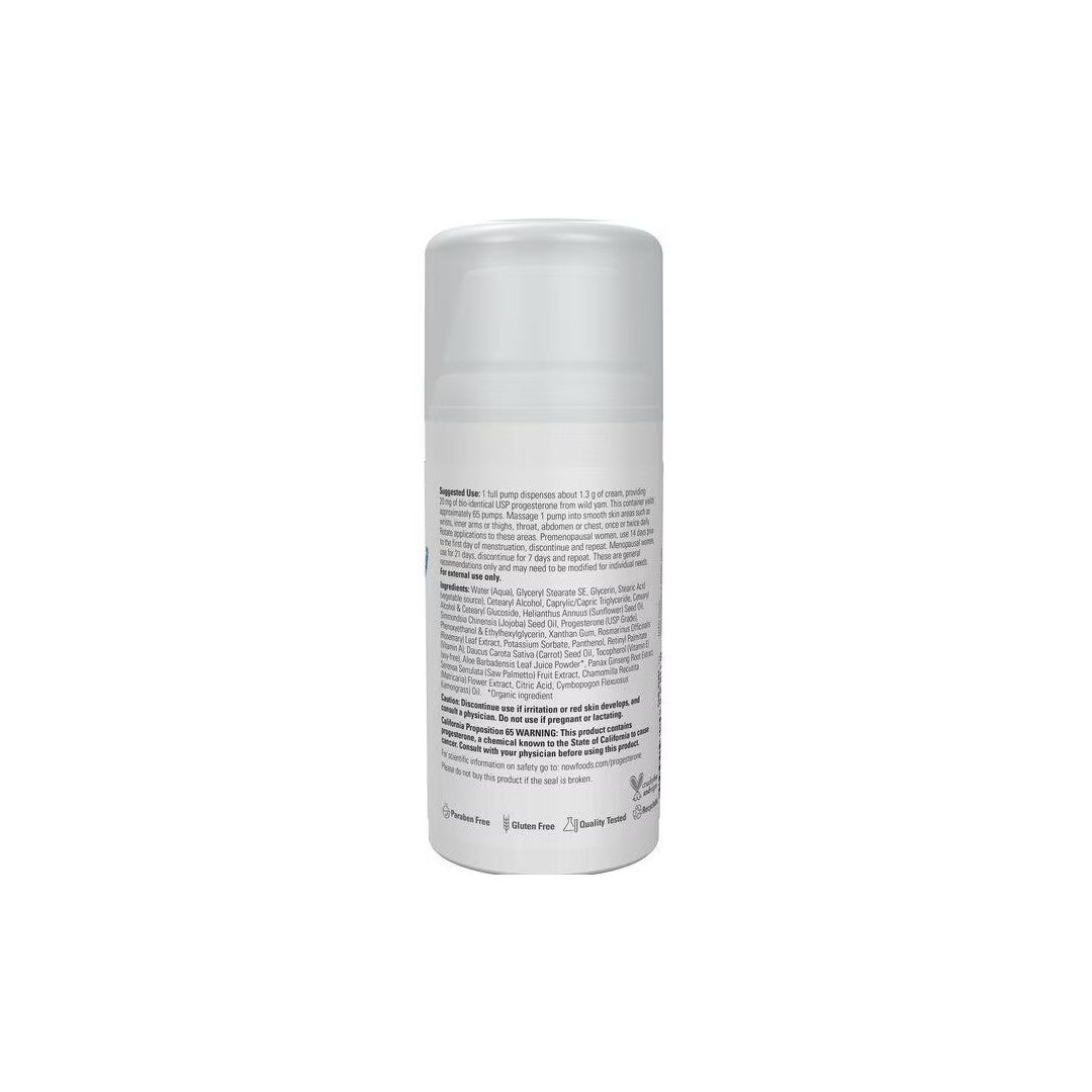 Eine weiße Flasche mit Progesteron von Wild Yam Balancing Skin Cream 85 g von Now Foods auf weißem Hintergrund.