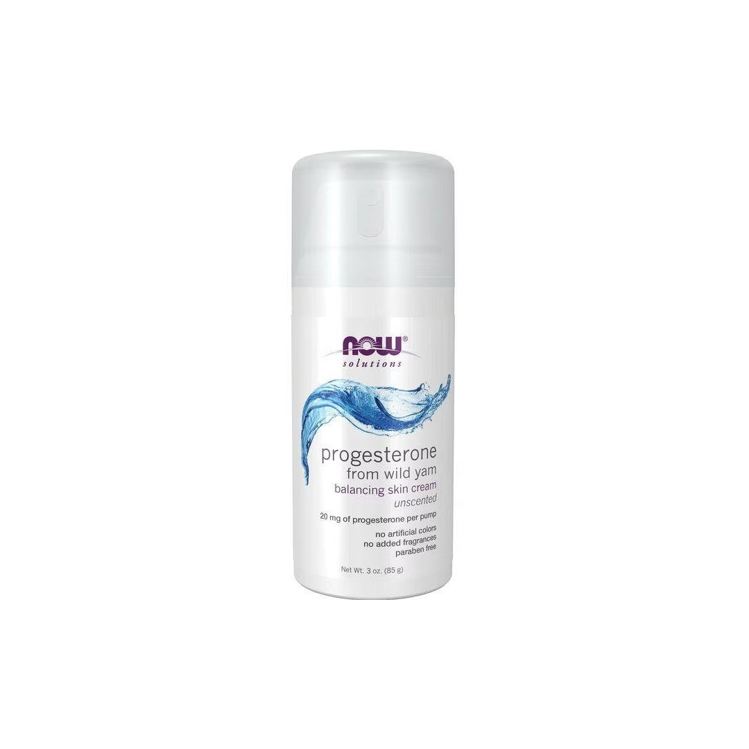 Eine Flasche Progesteron von Wild Yam Balancing Skin Cream 85 g von Now Foods auf einem weißen Hintergrund.