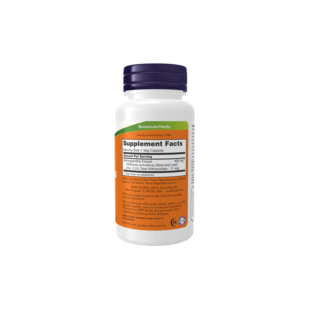 Eine Flasche Ashwagandha Extrakt 450 mg 180 pflanzliche Kapseln von Now Foods auf einem weißen Hintergrund.