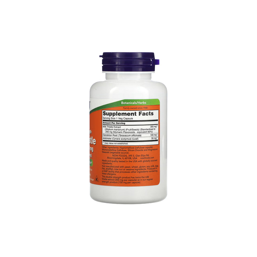 Eine Flasche Now Foods Mariendistel 300 mg Silymarin 200 pflanzliche Kapseln auf einem weißen Hintergrund.