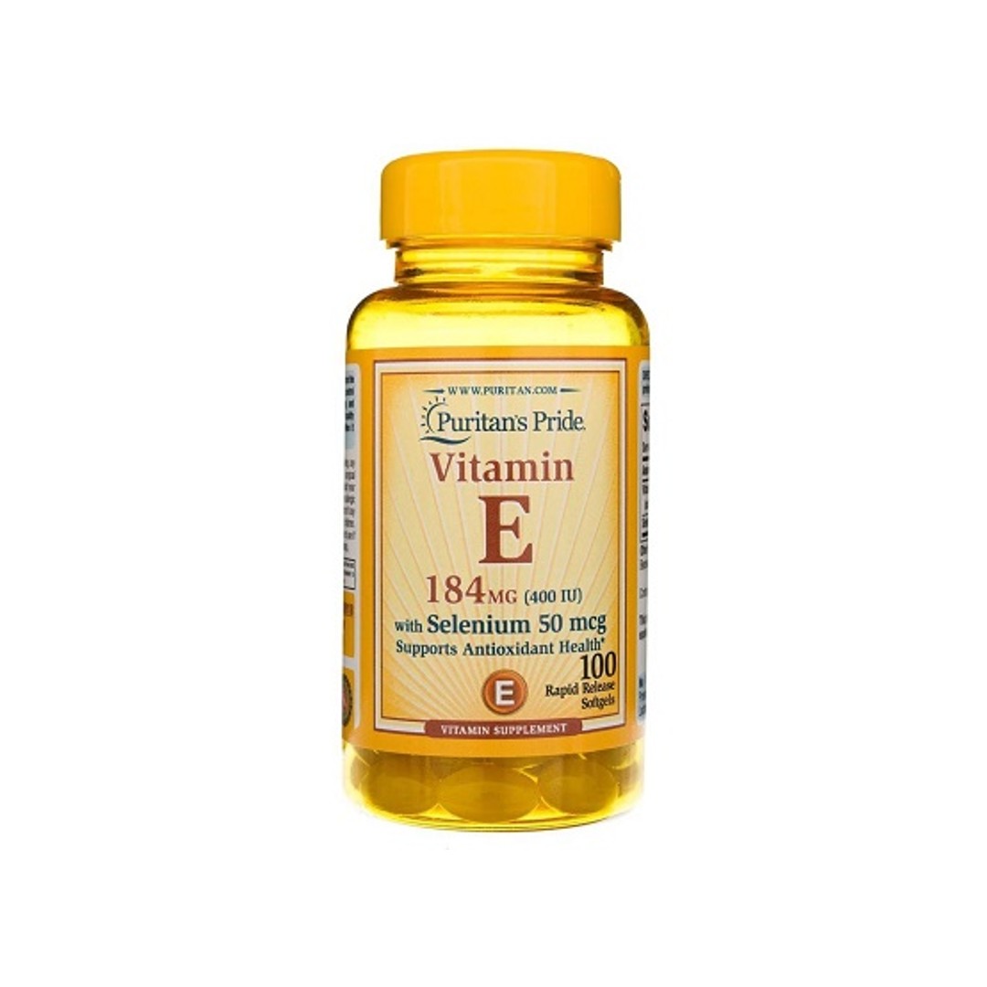 A bottle of Puritan's Pride Vitamin E (d-Alpha Tocopherol) 400 IU & Selenium 50 mcg 100 Rapid Release Softgels, providing antioxidant support, with a white background.