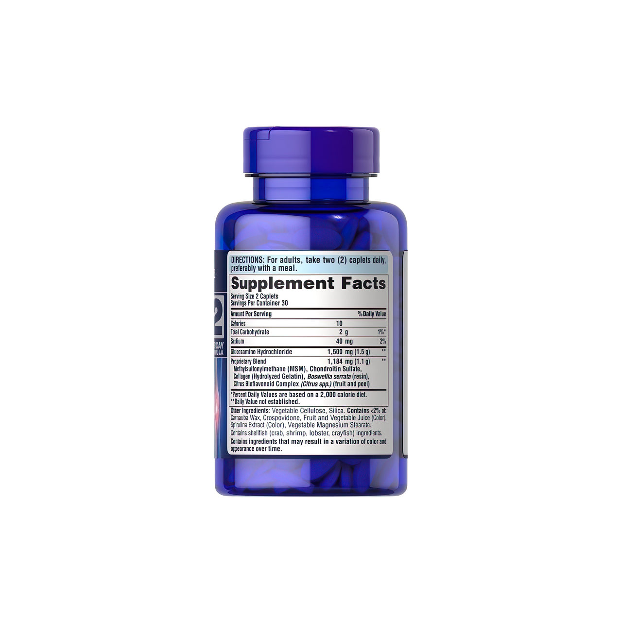 A bottle of Puritan's Pride Triple Strength Glucosamine, Chondroitin & MSM 60 coated caplets on a white background.