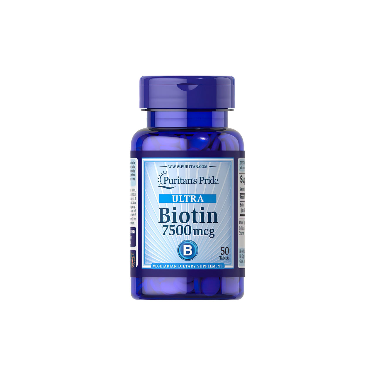 Ein Nahrungsergänzungsmittel Flasche Puritan's Pride Biotin 7,5 mg 50 Tabletten mit einem weißen Hintergrund.