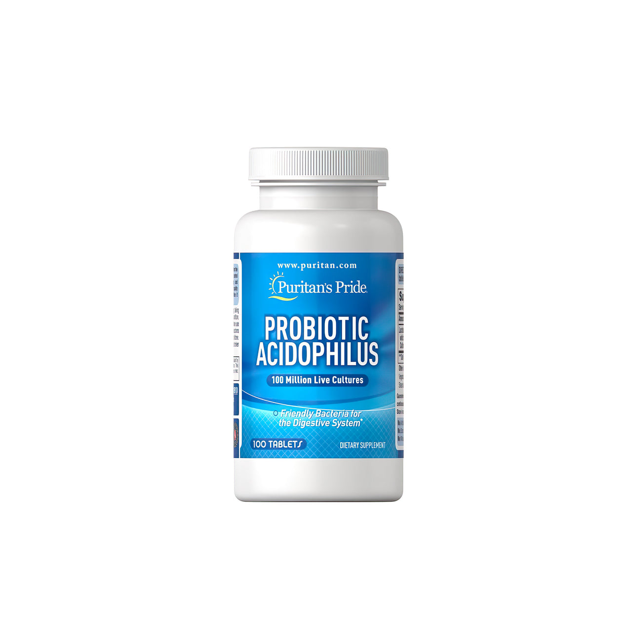 Eine Flasche Probiotic Acidophilus 100 Tabletten von Puritan's Pride, die Probiotika für Verdauung und Immunsystem enthalten.