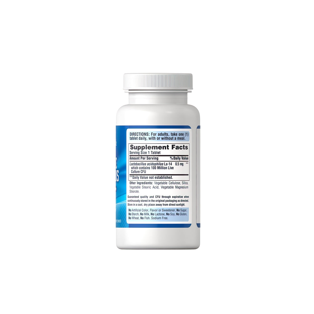 Eine Flasche Probiotic Acidophilus 100 Tabletten von Puritan's Pride, bekannt für seine Vorteile für das Verdauungs- und Immunsystem, auf einem weißen Hintergrund.