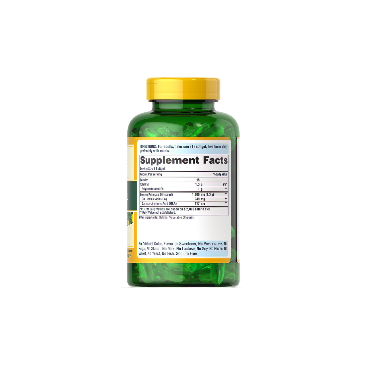 Eine Flasche Puritan's Pride Nachtkerzenöl 1300 mg mit GLA 120 Softgels mit schneller Freisetzung auf einem weißen Hintergrund.