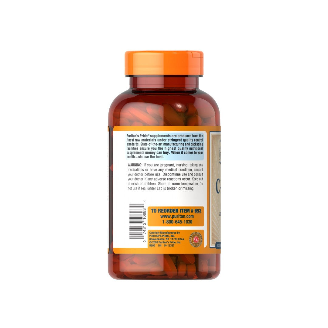 The antioxidant-packed back of a Puritan's Pride Vitamin C 1000 mg Timed Release 250 Coated Caplets bottle, supporting the immune system.
