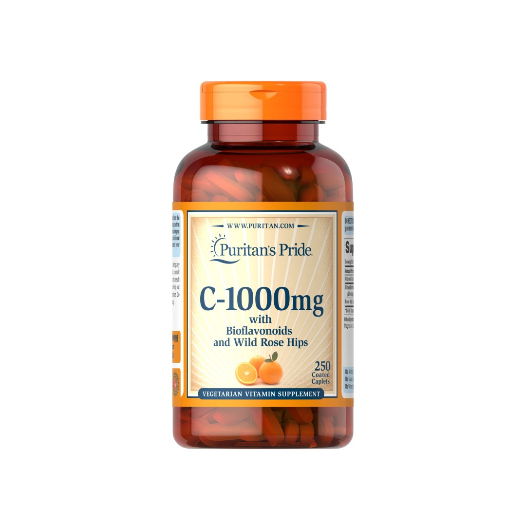 A bottle of Puritan's Pride antioxidant-rich Vitamin C 1000mg Timed Release 250 Coated Caplets that boost the immune system with a high dose of vitamin C.