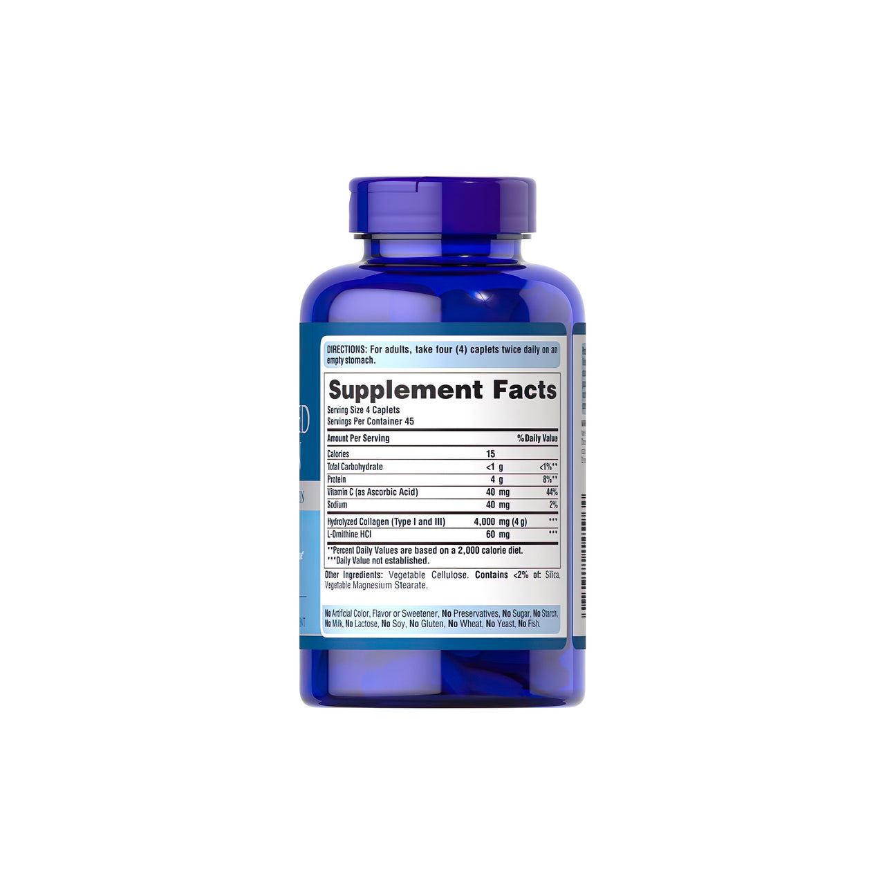 Eine Flasche Puritan's Pride Hydrolyzed Collagen 1000 mg 180 Kapseln mit einem blauen Etikett.