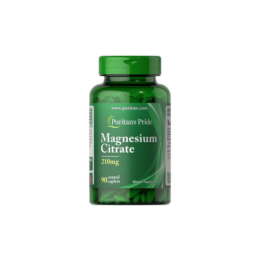 Eine Flasche Puritan's Pride Magnesiumcitrat 210 mg 90 beschichtete Kapseln.