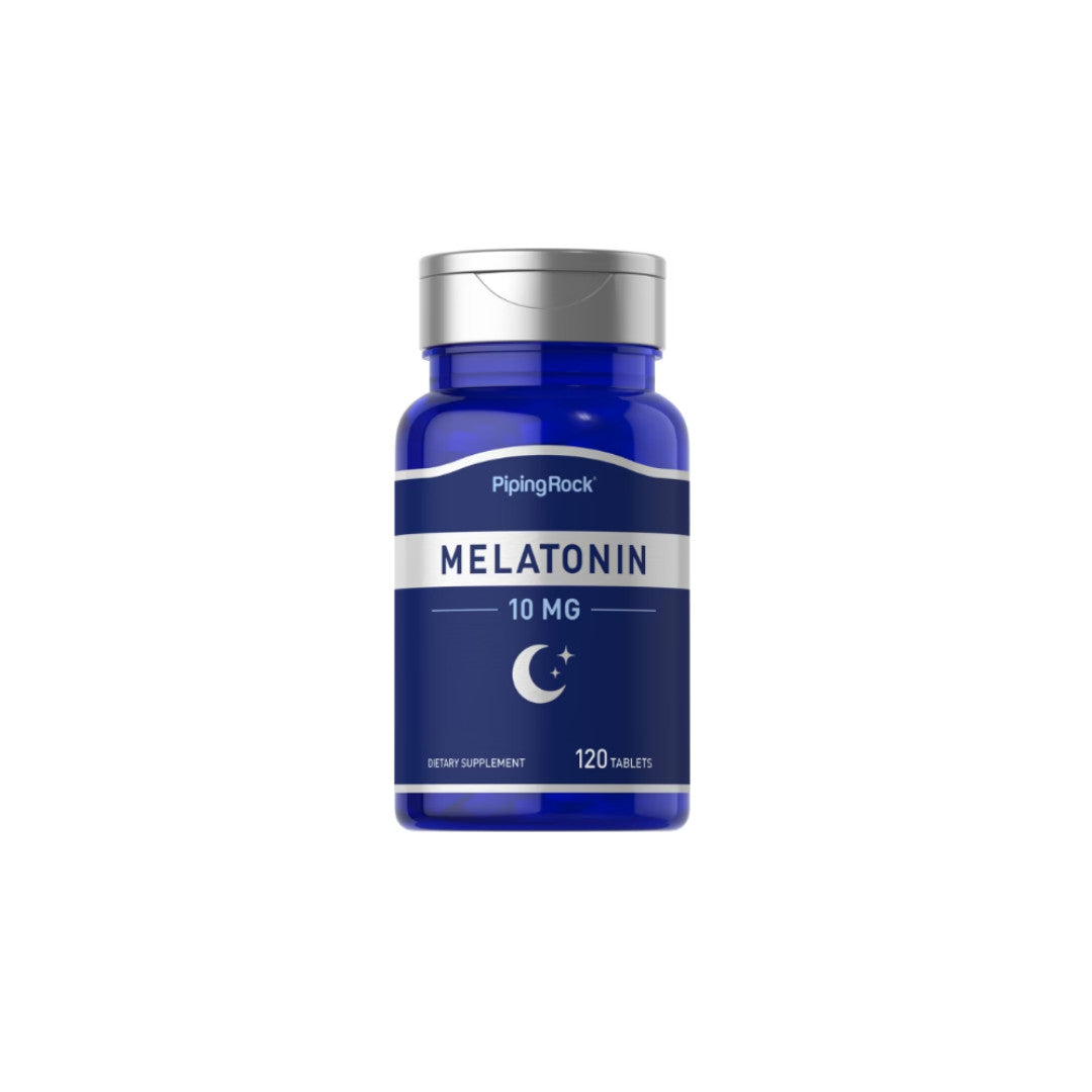 Eine Flasche PipingRock Melatonin 10 mg 120 Tabs für den Schlaf.