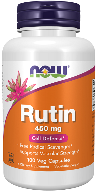 Eine Flasche Now Foods Rutin 450 mg 100 pflanzliche Kapseln, ein Bioflavonoid, das die Kapillaren und den Zellschutz unterstützt.