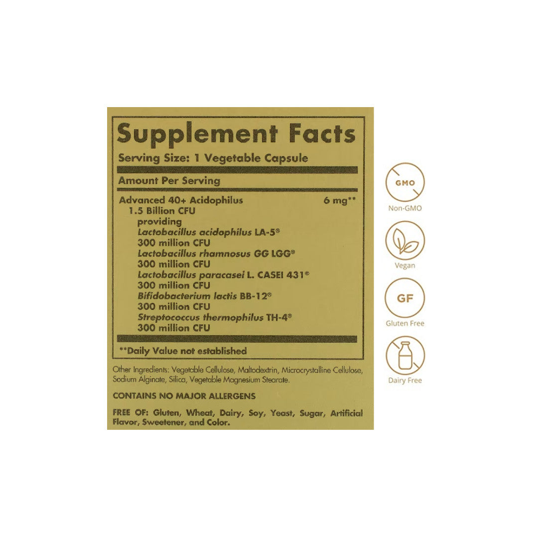 Ein Etikett für Solgar's Advanced 40+ Acidophilus 60 Vegetable Capsules mit einem goldenen Hintergrund.