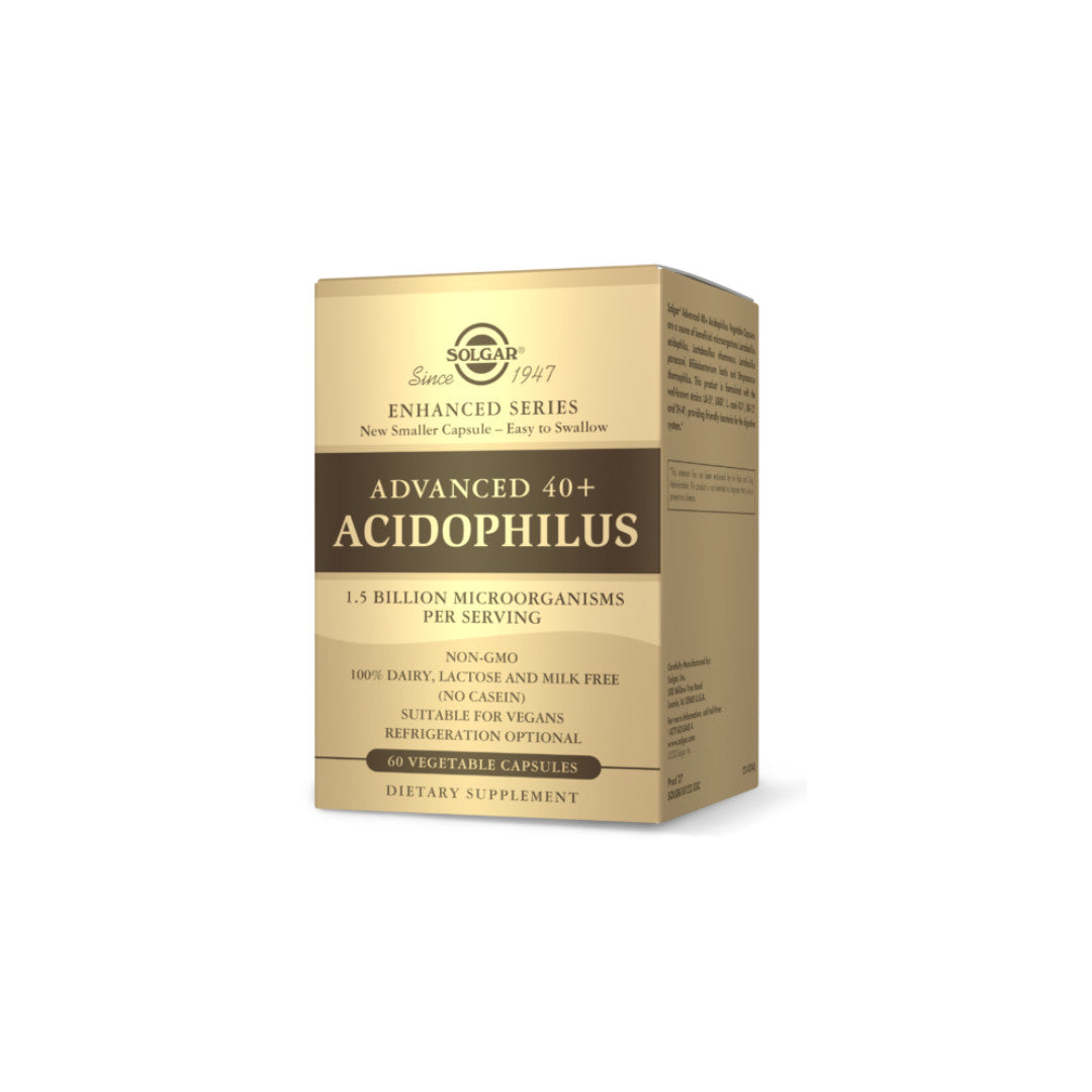 Eine Schachtel Solgar Advanced 40+ Acidophilus 60 pflanzliche Kapseln.
