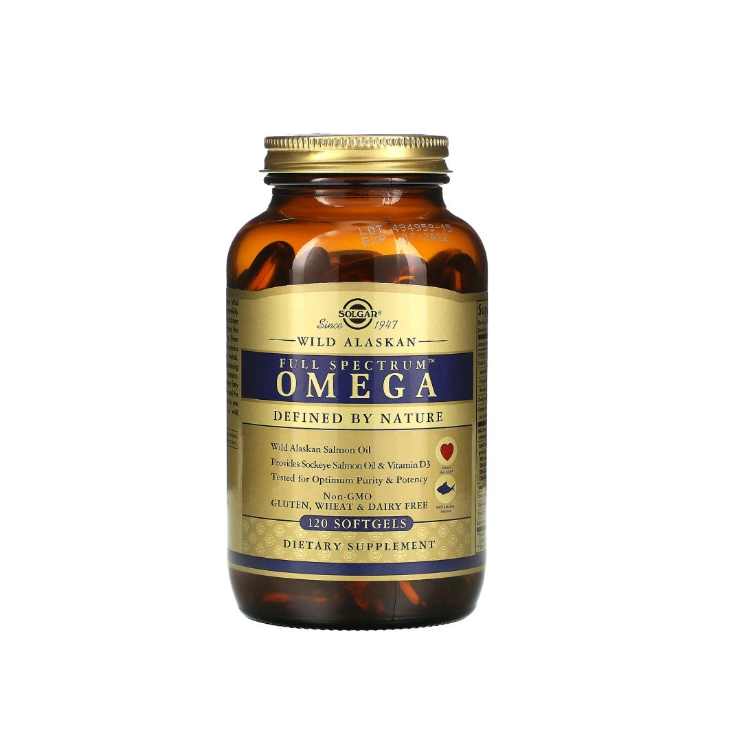 A bottle of Solgar Wild Alaskan full spectrum Omega 120 softgels enriched with fish oil on a white background.