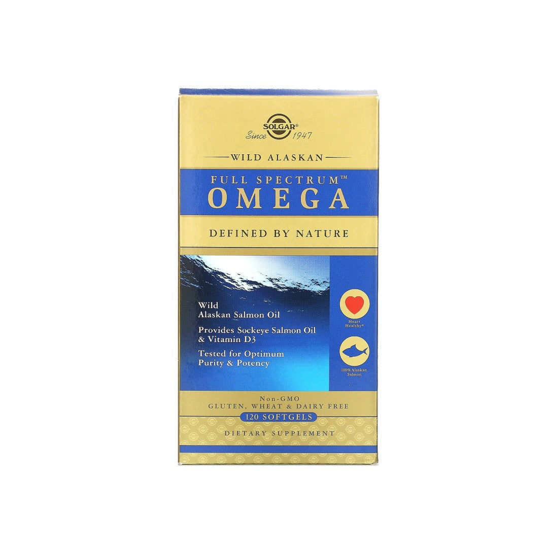 Solgar's Wild Alaskan full spectrum Omega 120 softgels, enriched in winter, containing omega 3 and fish oil.