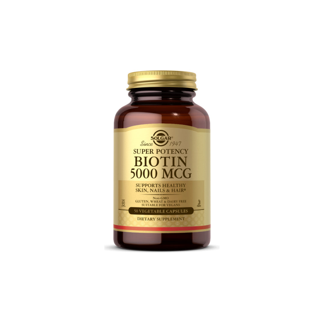 Ein Nahrungsergänzungsmittel Flasche Solgar Biotin 5000 mcg Super Potency 50 V Caps.