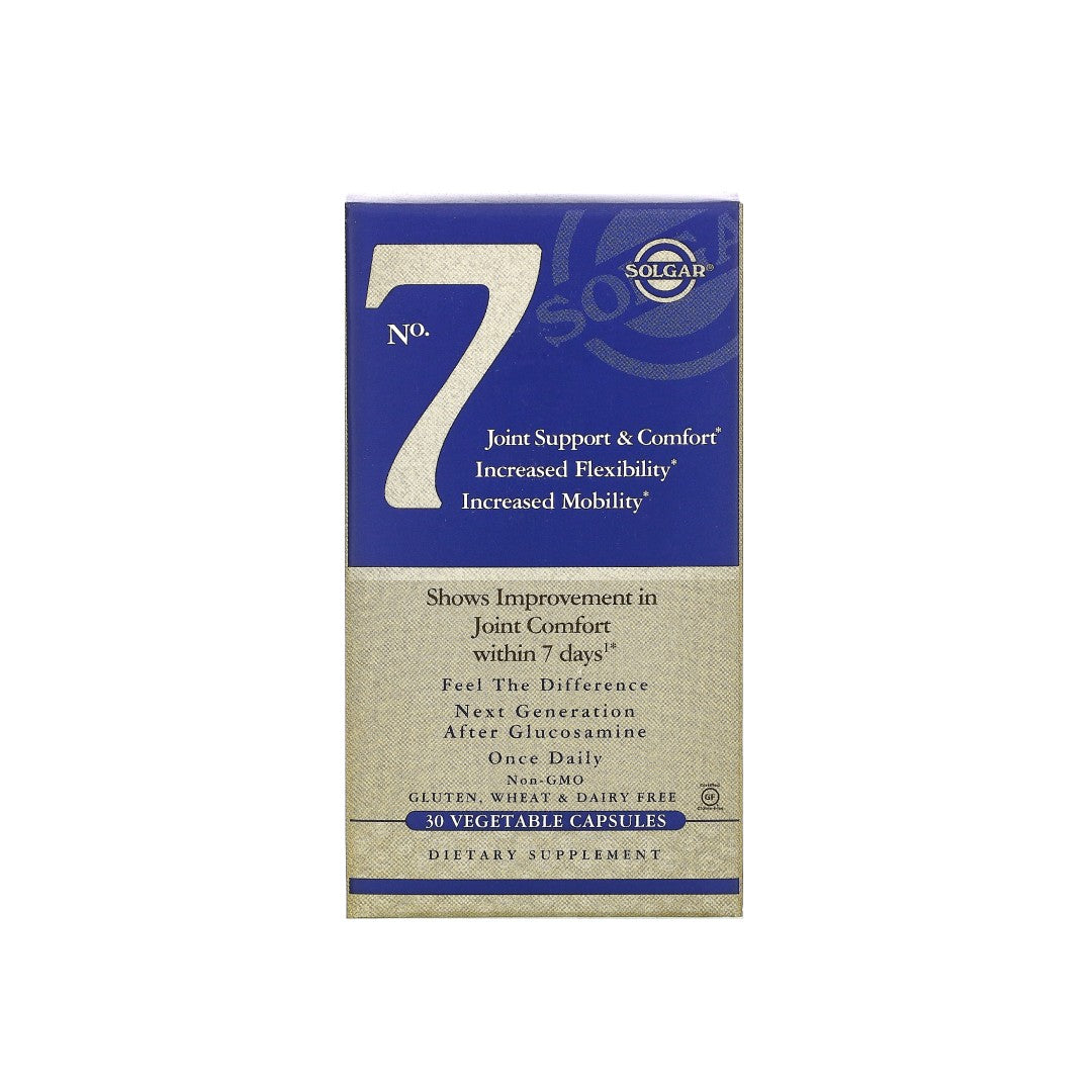 Eine blaue Schachtel mit der Zahl 7 darauf, auf der No. 7 Joint Support & Comfort 30 pflanzliche Kapseln und Solgar's Flexibilität und Gelenkkomfort präsentiert.