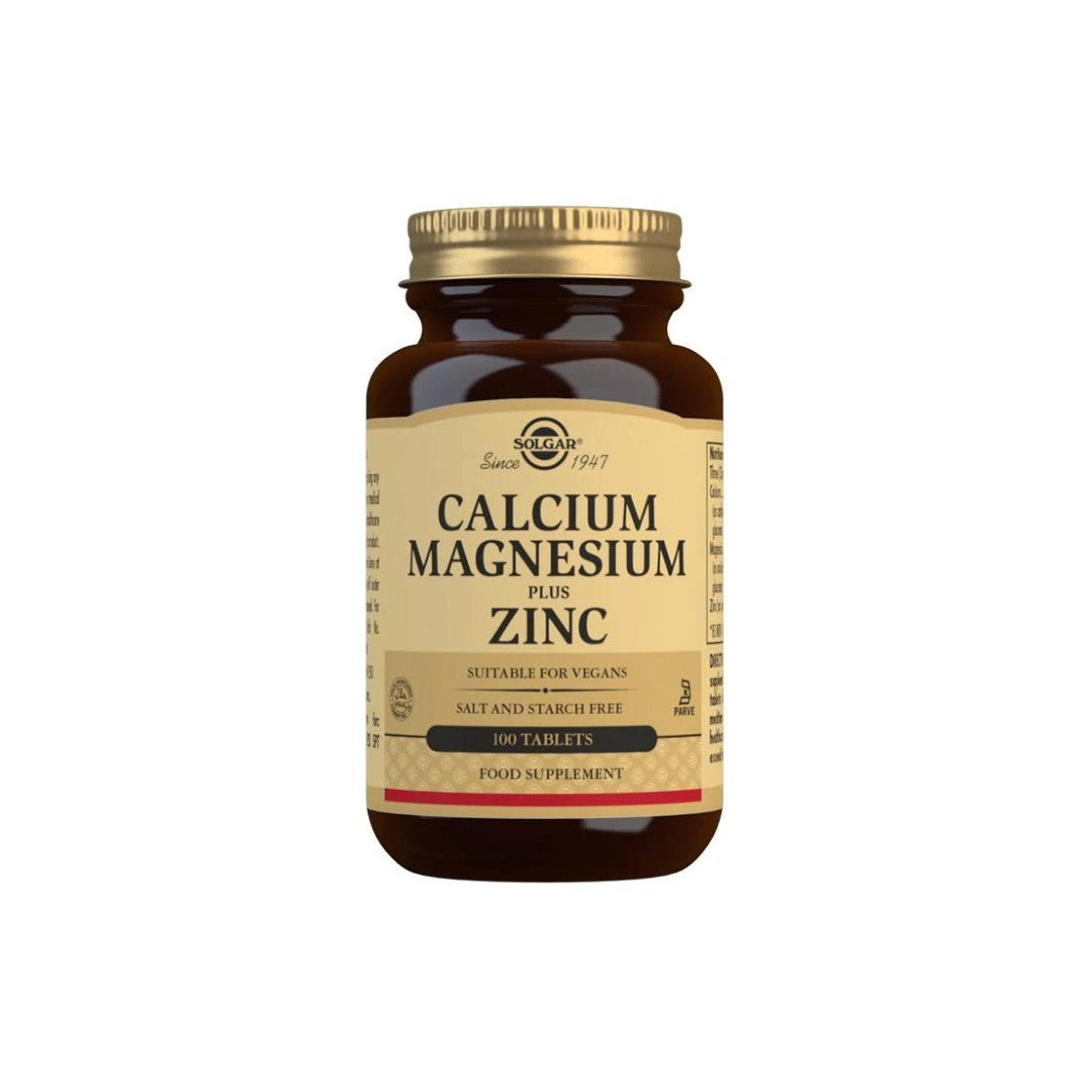 Ein Nahrungsergänzungsmittel in der Flasche mit 100 Tabletten Solgar Calcium Magnesium Plus Zink.
