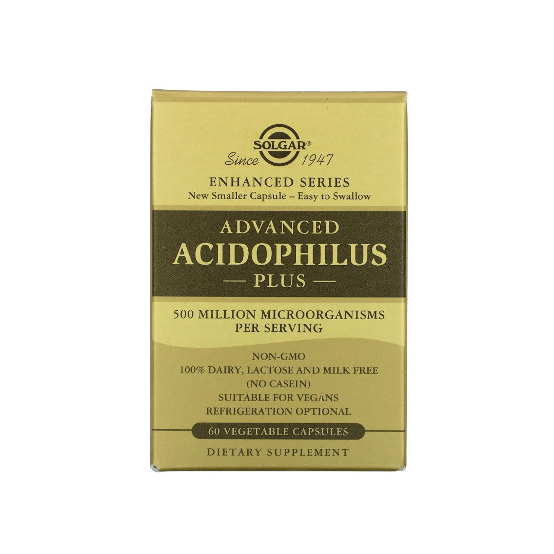Eine Schachtel Solgar's Advanced Acidophilus Plus 60 Veggie-Kapseln.