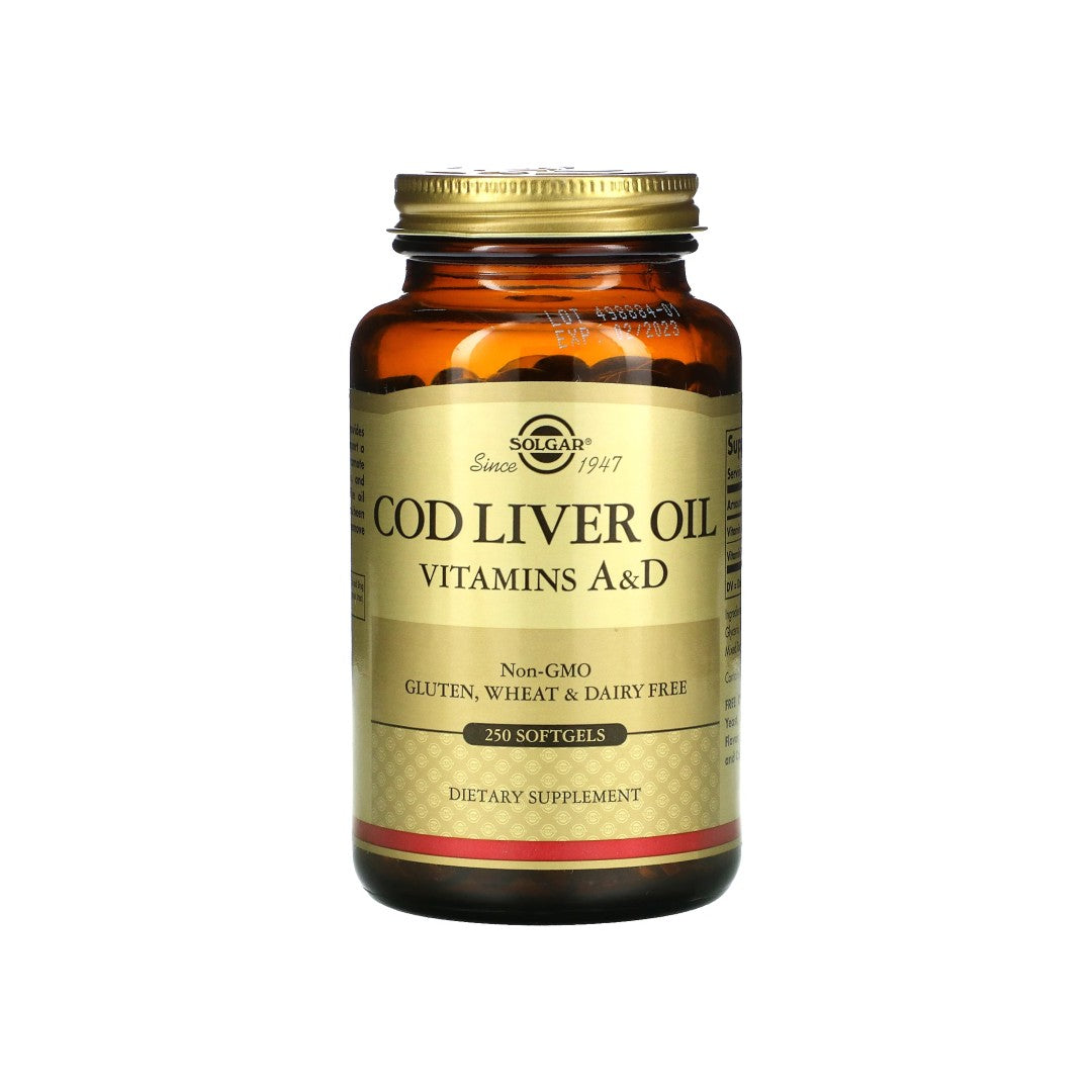 Eine Flasche Solgar Cod Liver Oil Sftgels Vitamin A & D 250 softgel ad.