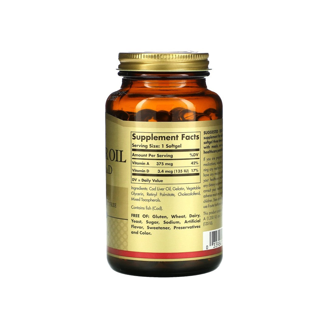 Eine Flasche Solgar Cod Liver Oil Softgels Vitamin A & D 250 softgel auf einem weißen Hintergrund.