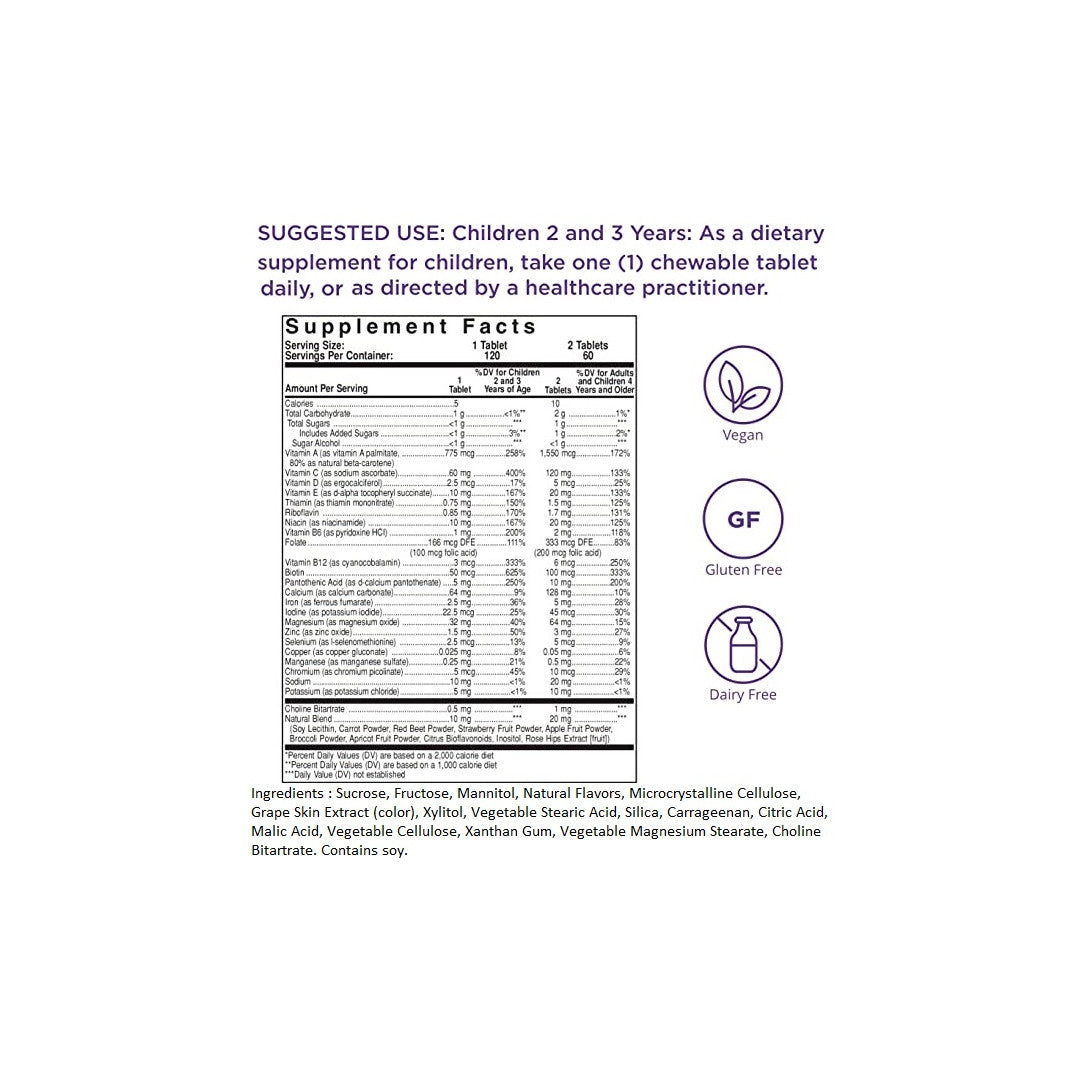 Eine Nährwertkennzeichnung für Solgar's Kangavites Multivitamin & Mineral 120 Kautabletten - Bouncin' Berry Flavor mit einem lila Hintergrund.