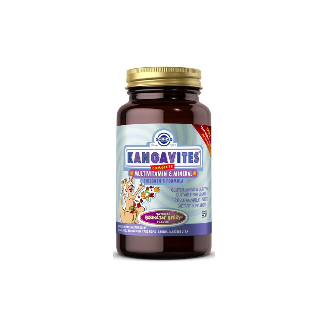 Eine Dose Kangavites Multivitamin & Mineral 120 Kautabletten - Bouncin' Berry Flavor von Solgar auf einem weißen Hintergrund.