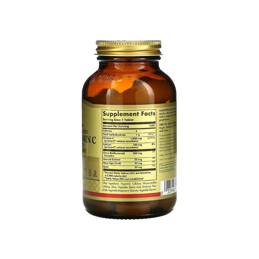 Eine Flasche Solgar Ester-C Plus 1000 mg Vitamin C 60 Tabletten auf einem weißen Hintergrund.