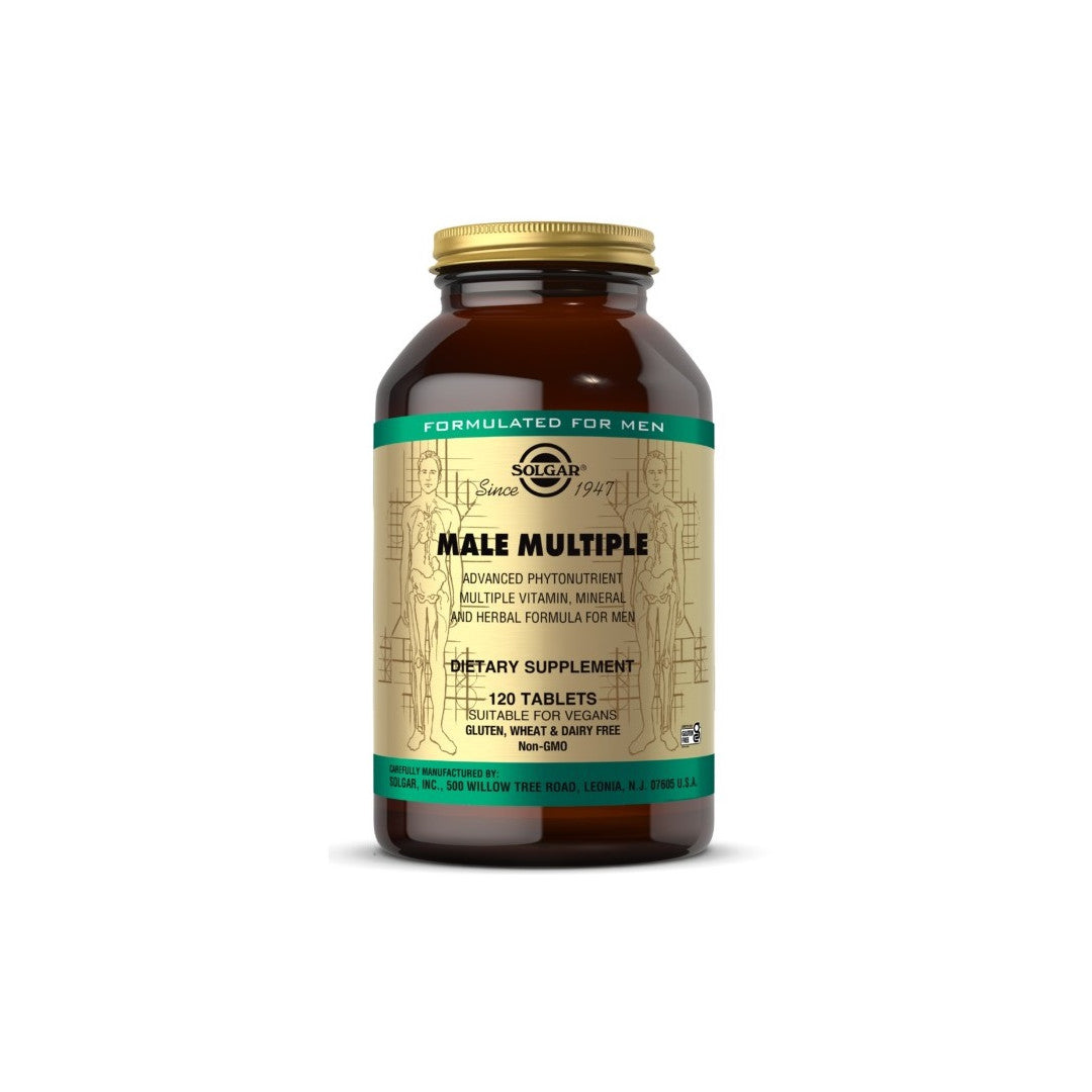 Eine Flasche Solgar Male Multiple Multivitamins & Minerals for Men 120 Tabletten auf einem weißen Hintergrund.