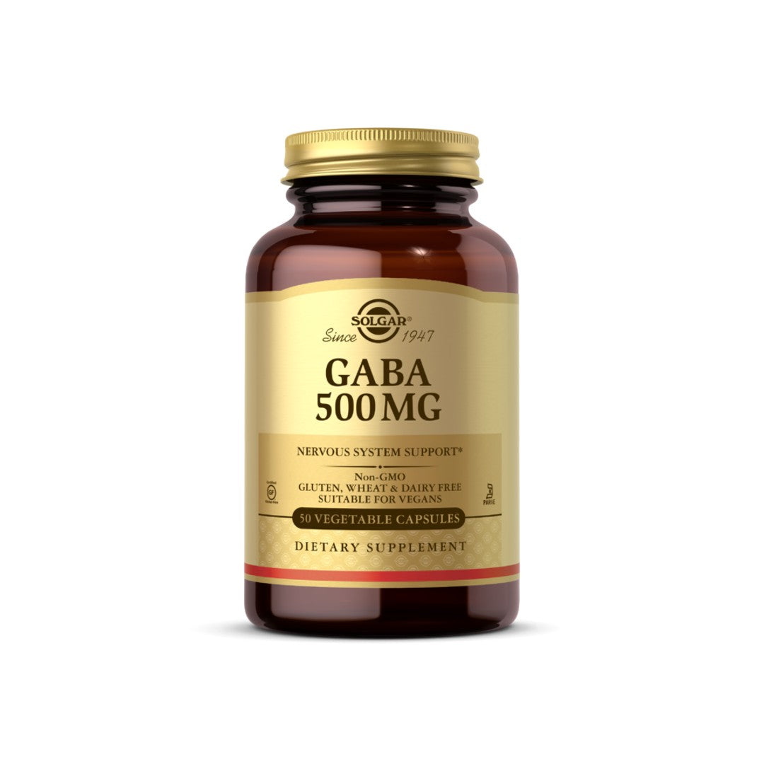 Eine Flasche Solgar GABA 500 mg 100 pflanzliche Kapseln.