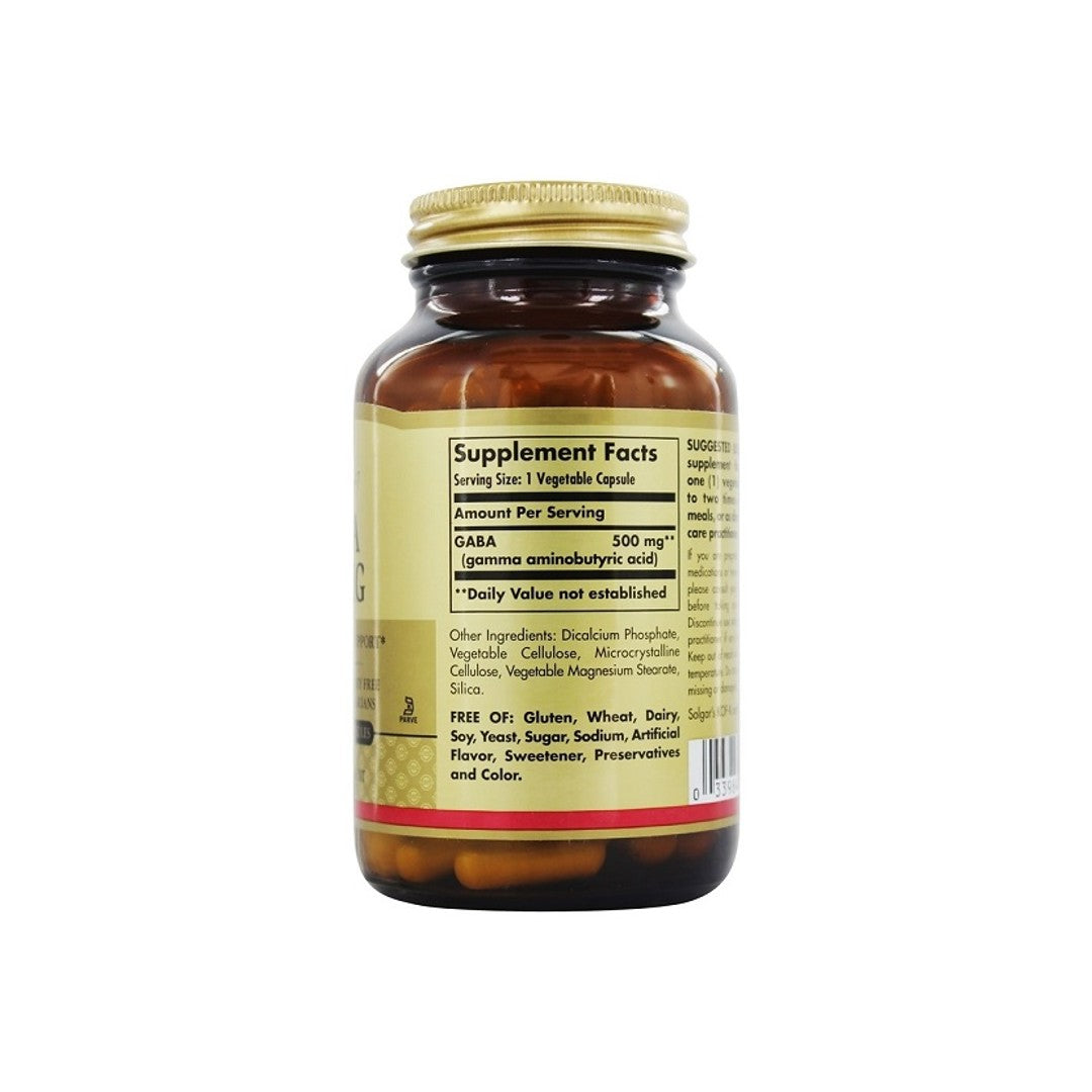 Eine Flasche Solgar GABA 500 mg 100 pflanzliche Kapseln auf einem weißen Hintergrund.