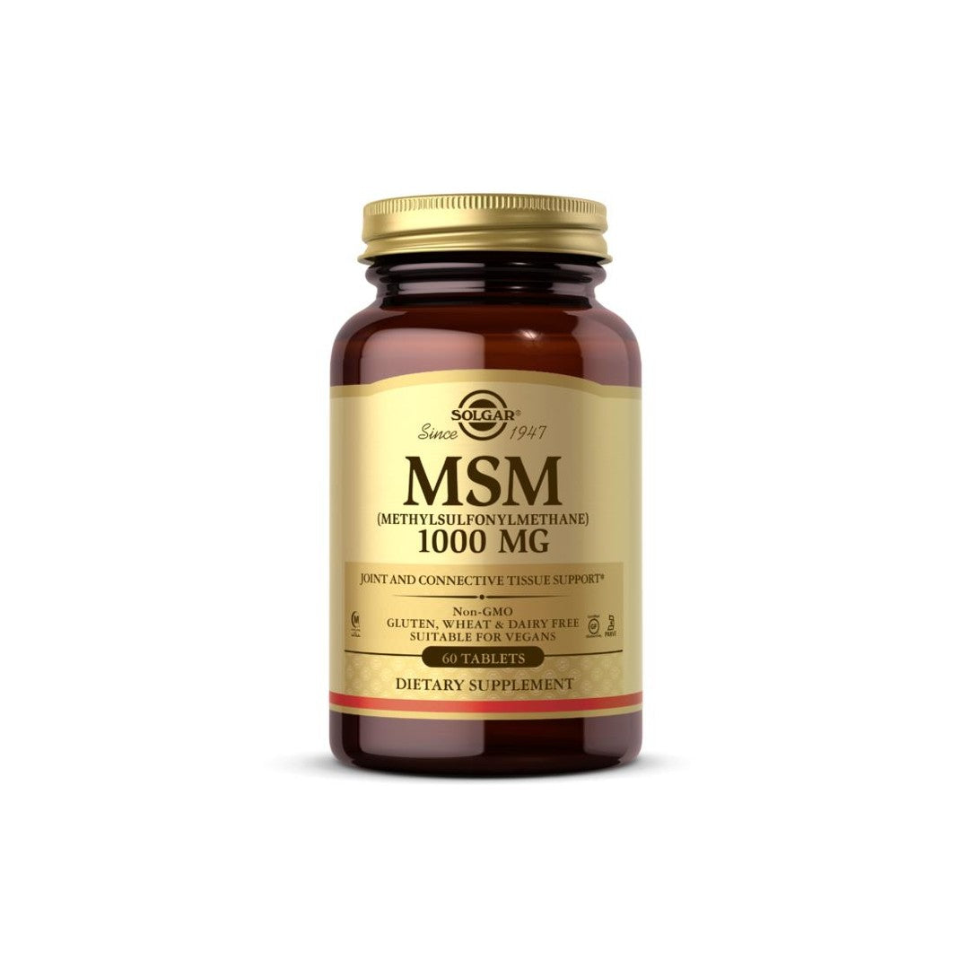Solgar MSM 1000mg Tabletten zur Verbesserung der Gelenkbeweglichkeit und Entzündung auf weißem Hintergrund.
