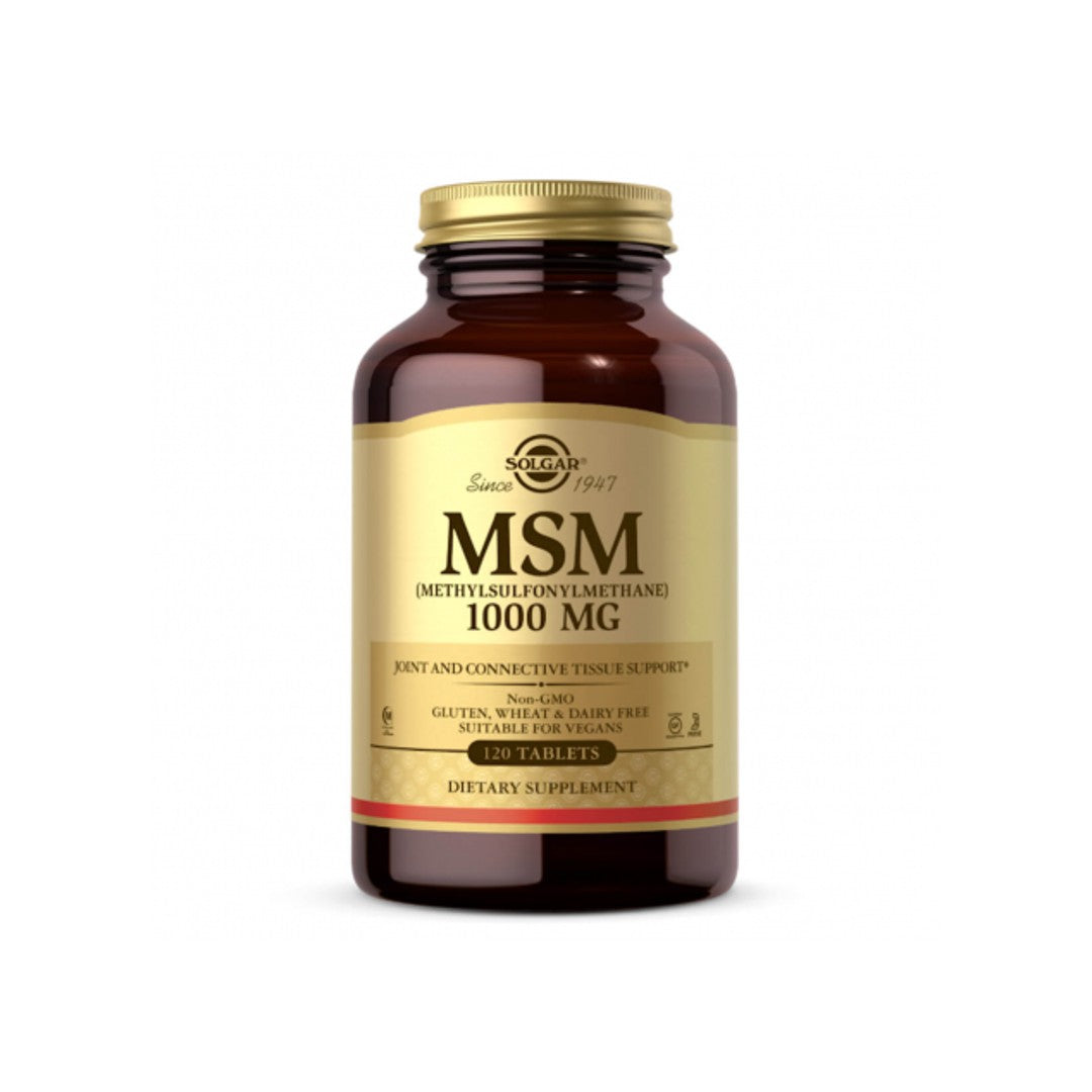 Eine Flasche Solgar MSM 1000 mg 120 Tabletten, ein Nahrungsergänzungsmittel, das für seine Wirksamkeit bei der Verbesserung der Gelenkbeweglichkeit und der Reduzierung von Entzündungen bekannt ist, auf einem sauberen weißen Hintergrund.