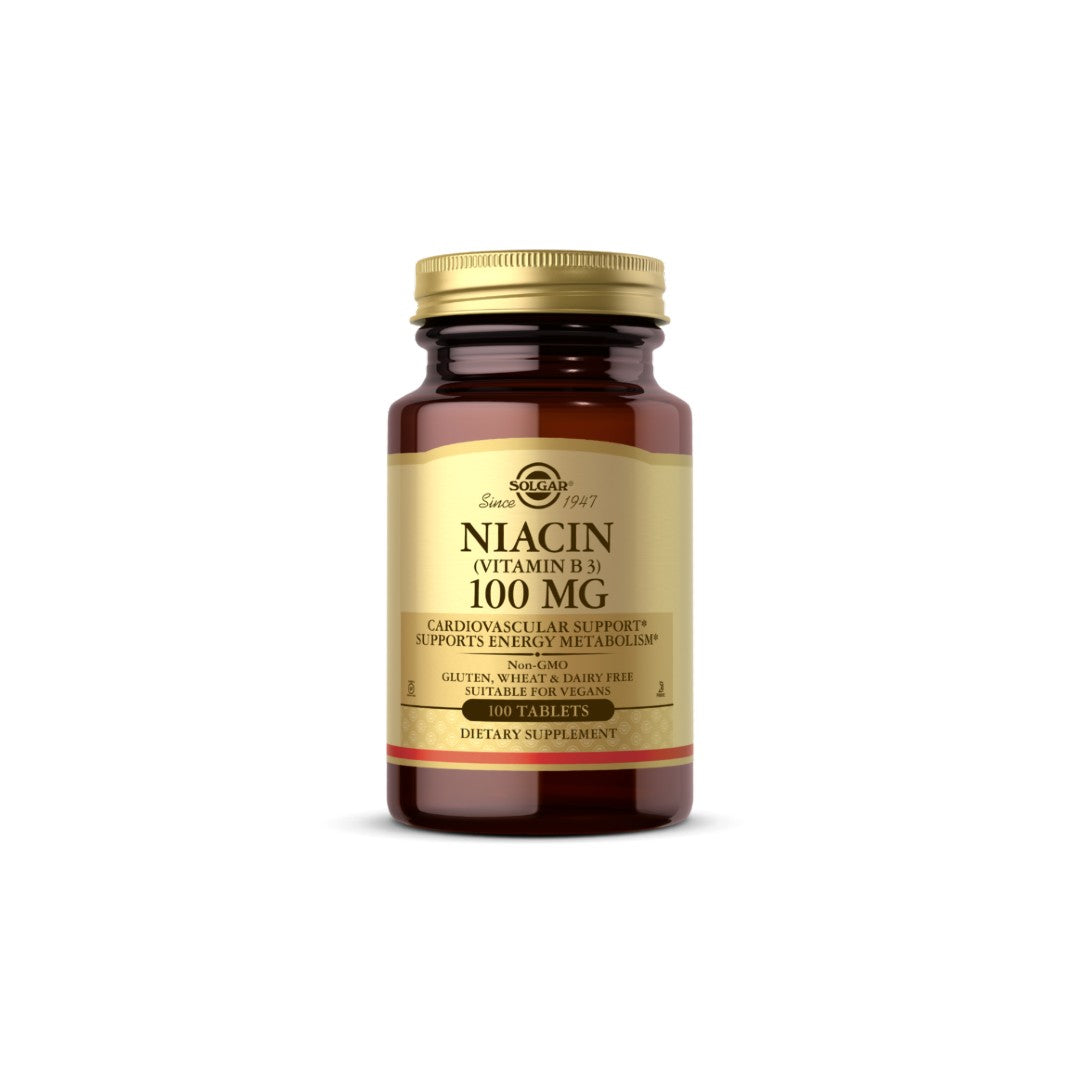 Solgar Niacin Vitamin B-3 100mg beschichtete Kapseln auf weißem Hintergrund für die Gesundheit des Nervensystems.