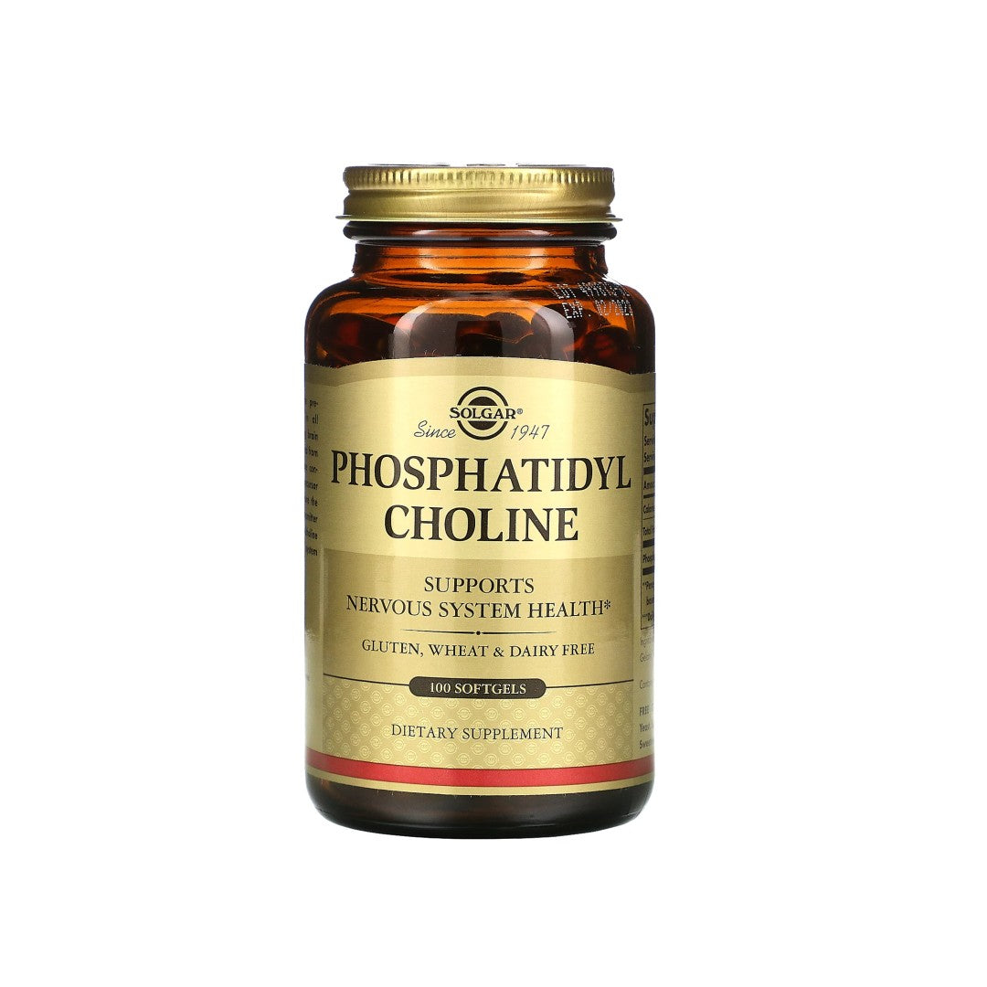 Eine Flasche Solgar Phosphatidylcholin 100 Weichkapseln, ein Neurotransmitter im Gehirn, der die kognitiven Funktionen unterstützt.