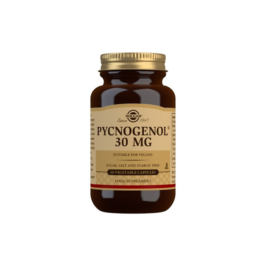 Eine Flasche Solgar Pycnogenol 30 mg 60 Veggie-Kapseln auf weißem Hintergrund, die die Gesundheit des Gehirns fördern.