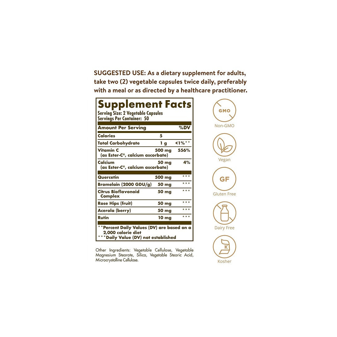 Solgar Quercetin-Komplex mit Ester-C Plus 50 pflanzliche Kapseln mit Inhaltsstoffen für die Gesundheit des Immunsystems, einschließlich Vitamin C.